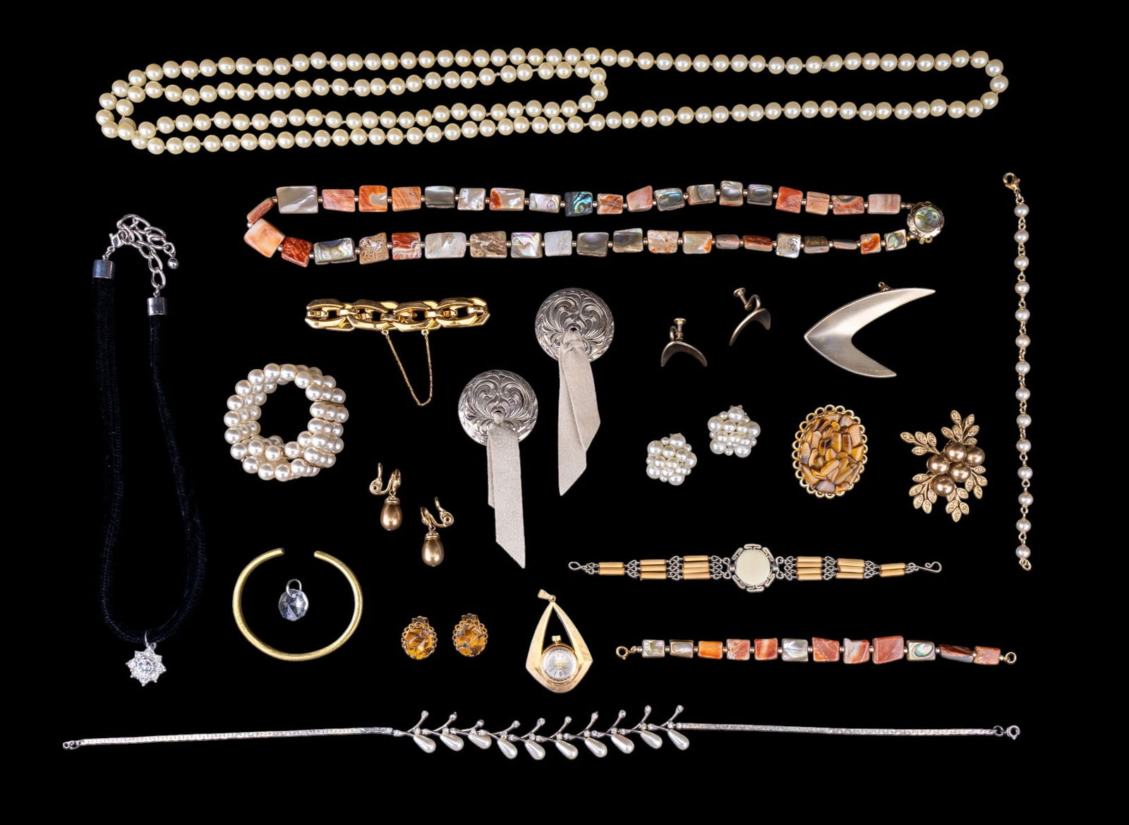 Vintage Estate Jewelry: Abalone shell necklace and bracelet, pearl style, modernist style pin and earrings, tiger eye brooch and earrings, gold tone jewelry and more.