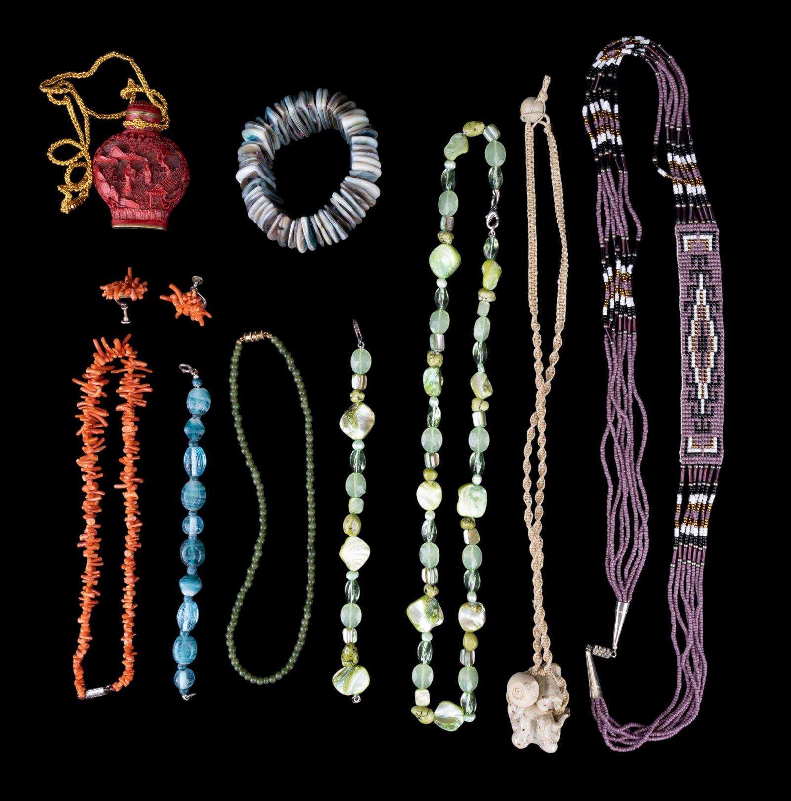 Cinnabar and Vintage Jewelry: Branch coral and screwback earrings, vintage cinnabar carved necklace marked on bottom, Native American accented sterling hand-beaded necklace, closure barrel not sterling, several other necklaces, st