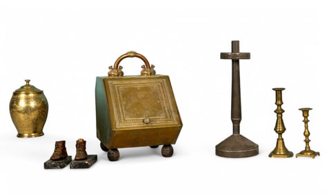 Antique Brass Scuttle, Candlesticks, Jar, Bookends