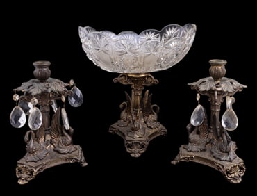 Crystal & Bronze Compote w/ Matching Candlesticks