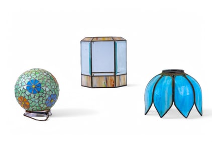 Vint. Slag Glass Shade, Lantern, & Mosaic Planter