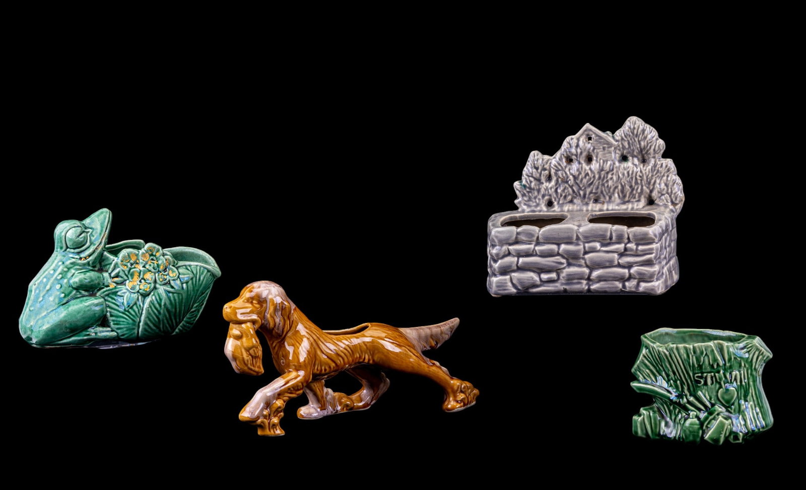 Vintage McCoy Majolica Planters: Vintage figural ceramic Majolica planters including a figural Irish Setter with drip glaze hunting dog planter, possibly Royal Haeger, 12x6", McCoy frog and flower planter, surface paint is chipping,