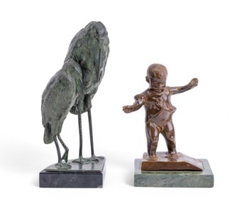 Cast Metal Stork & Boy Sculptures