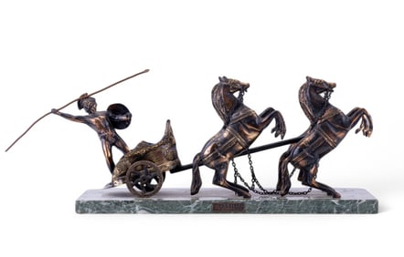 Achilles Cast Metal Sculpture w/ Chariot & Horses
