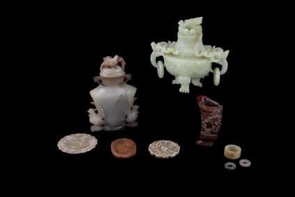 Chinese Green Hardstone Censer & Urn + Pendants