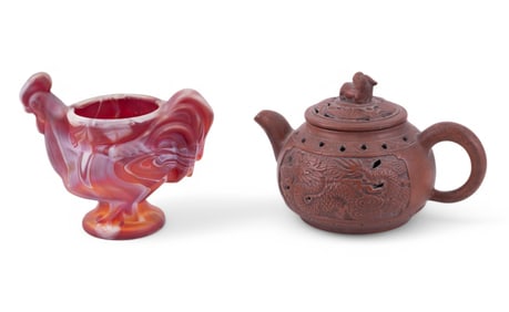 Chinese Yixing Clay Teapot, Slag Glass Rooster Cup