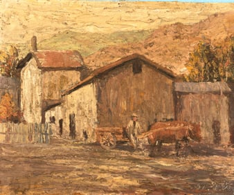 1951 Signed Korean Oil on Panel Farm Scene