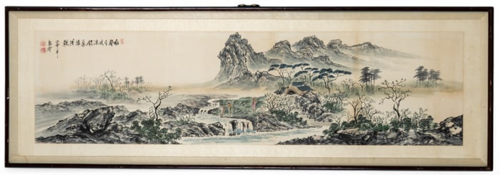 Vintage Chinese Watercolor of Mountain Village