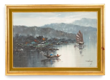 Oil River Scene w/ Junk Boat by C.H. Wang
