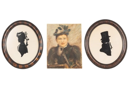 Early 20th C. Silhouettes & Oil Portrait