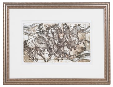 Signed Etching of Horses and Rider