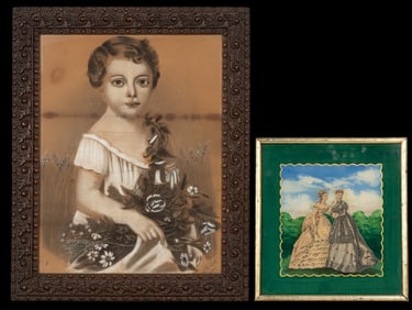 Late 19th C. Charcoal Portrait & Reverse Glass Art