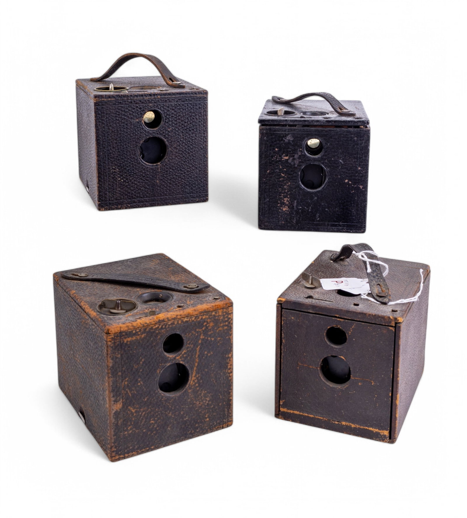 Antique Kodak No. 2 Bulls-Eye Camera: Three antique No. 2 Bulls-Eye Kodak Model D box cameras & one antique Kodak No. 2 Flexo camera. These cameras were produced between 1899 & 1913. Bulls-Eye cameras measure approx. 6" tall, 4.625" wide,