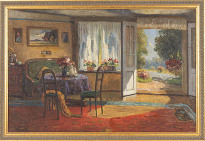 Early 20th C. Oil on Canvas of Decorated Room