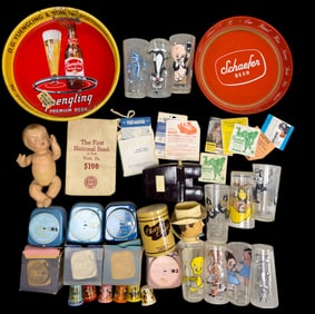 Banks, Beer Ad Trays, and Character Cups