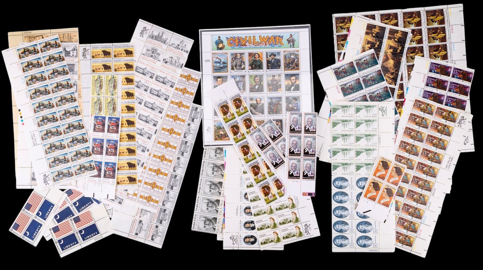 U.S. Revolutionary War, Civil War, Historic Stamps: United States unused / uncirculated postage stamps for the Revolutionary War, The U.S. Civil War, & historic figures & buildings from the late 18th century and throughout the 19th century. Collection