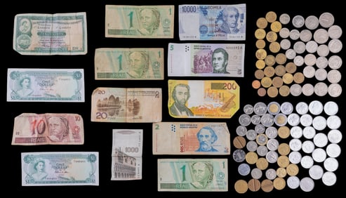 International Bank Notes & Coins (110+ Pieces)