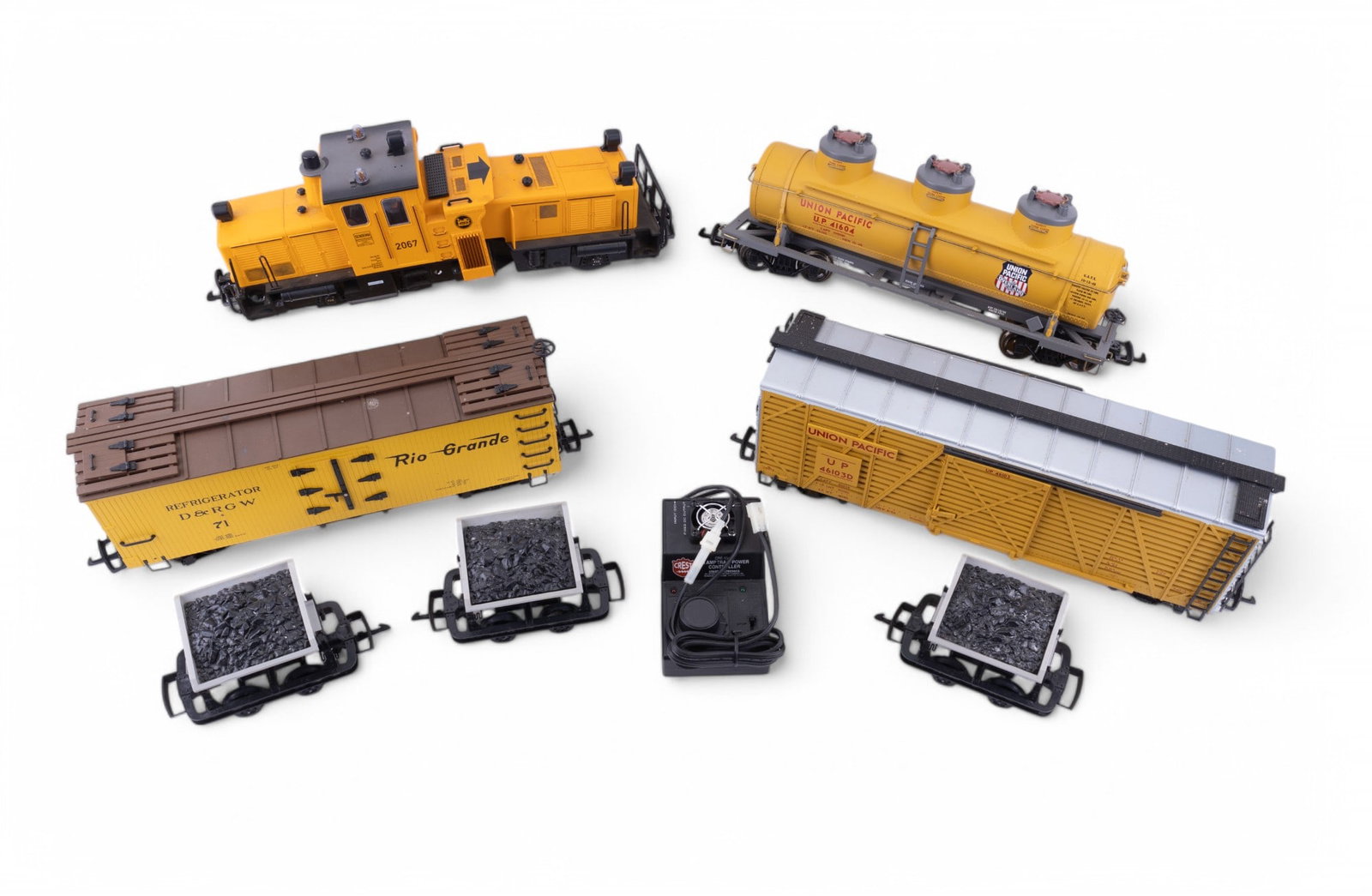 Model Train Lehmann 20670 Schoema Locomotive, Cars: G-scale Lehmann-Gross-Bahn (LGB) 20670 Schoema track cleaning diesel locomotive, Aristo-Craft Union Pacific stock car, Union Pacific tanker, Bachmann Rio Grande refrigerator boxcar, & 3 LGB 41430 coal