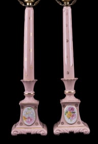 Pink and Gold Ceramic Pillar Lamp Pair