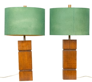 Wood Block Table Lamps With Green Vintage Shades