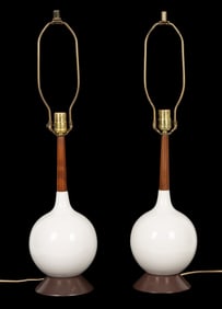 MCM White Ceramic w/ Wood Lamp Pair