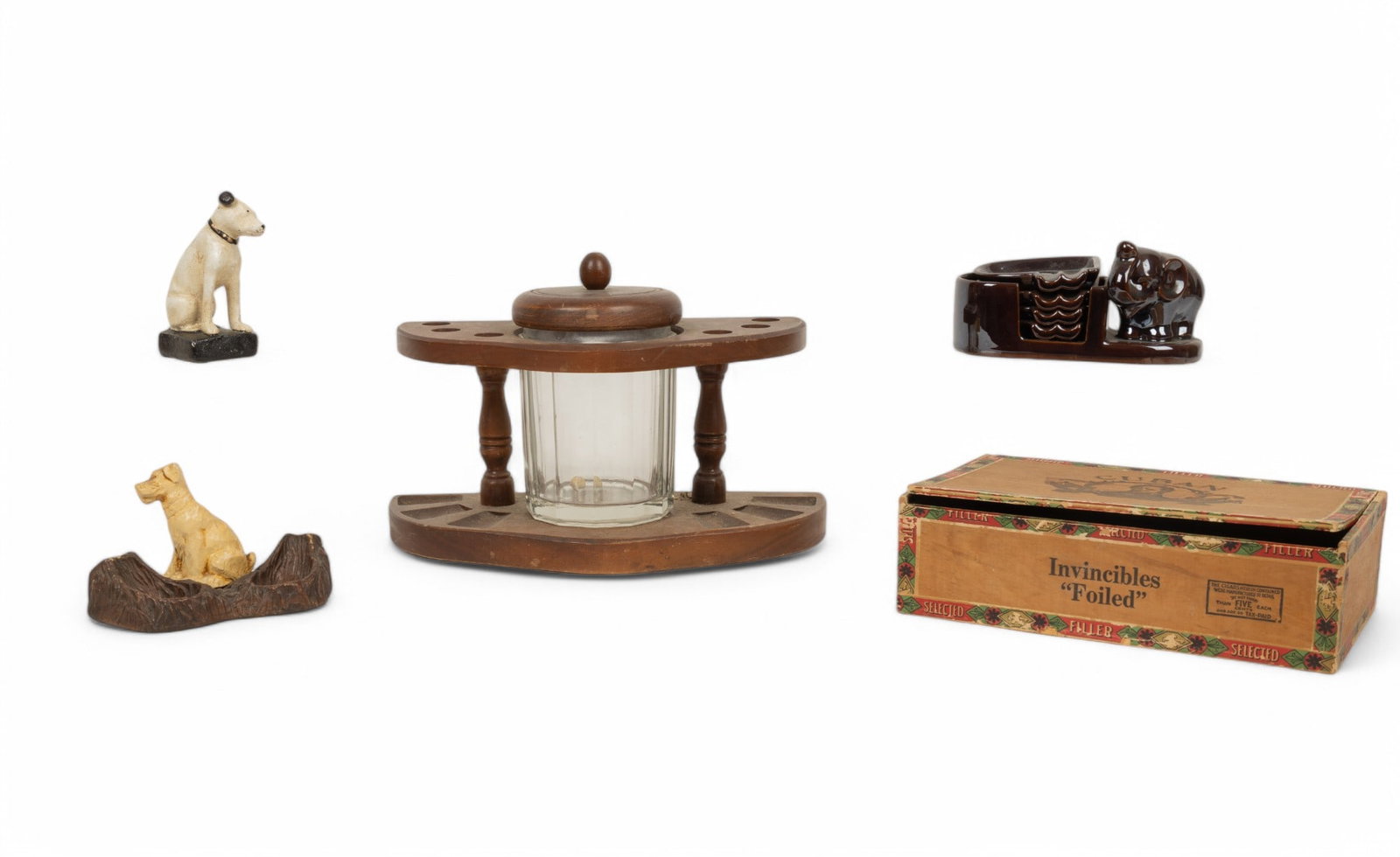 Vintage Tobacciana / Ashtrays and More: Vintage wooden pipe stand with glass tobacco jar 11x6x6", vintage figural pipe rest with tree-like base and plaster composite Scottish Terrier, painted cast iron figurine of a Jack Russel Terrier, fla