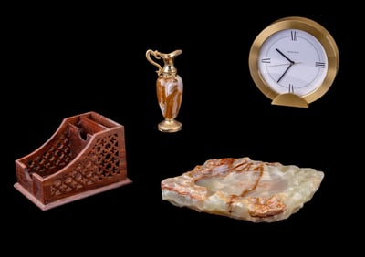 Tiffany Brass Desk Clock, Green Onyx Ashtray, More