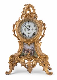 French Gilt Mantel Clock w/ Painted Cottage