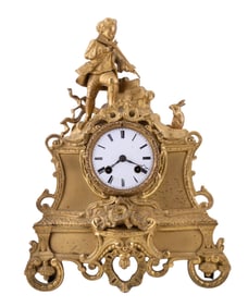 French Gilt Brass Mantel Clock w/ Rabbit Hunter