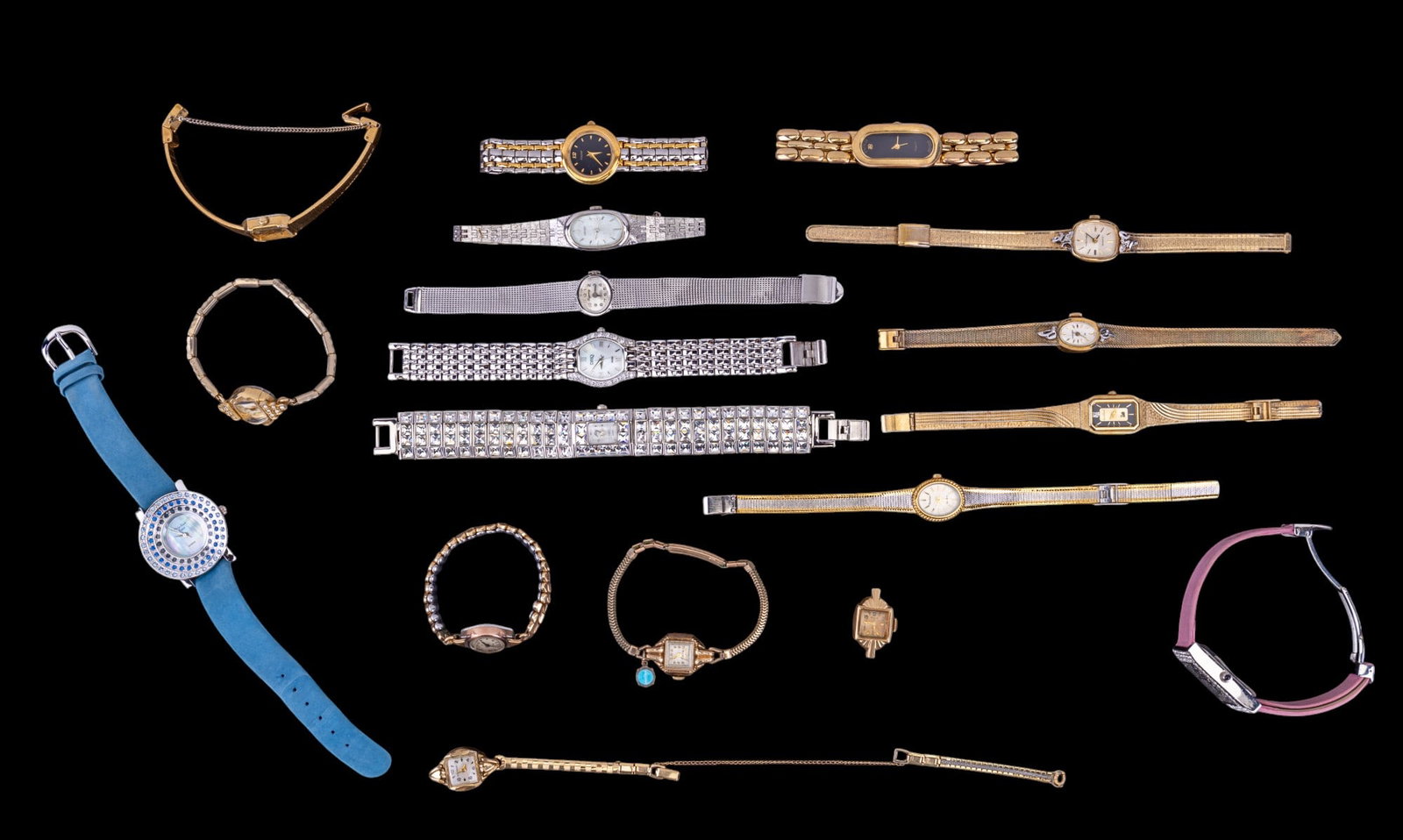 Bulova, Benrus, & Elgin 10K GF, More Wrist Watches: Collection of 18 women's wrist watches, including Bulova 10K gold filled wrist watch w/ prayer medallion charm, Benrus w/ 10K GF top caps & 10K GF stainless mesh & C ring Speidel +10K R.G.P. bezel, Be
