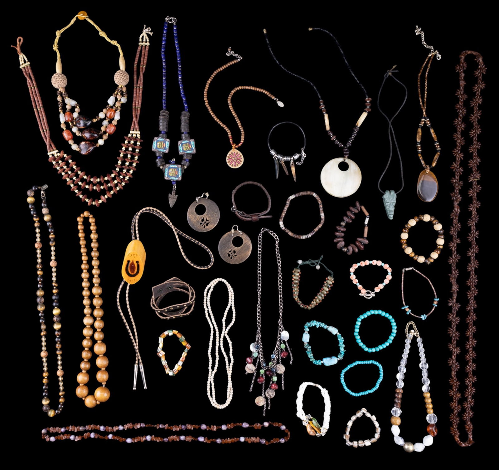 Colorful Wood Bead & Other Costume Bead Jewelry: Collection of colorful bead necklaces & bracelets plus one pair of wood earrings. Many items have carved wood beads, some painted / decorated. Others consist of stone, glass, & metal. Highlights inclu