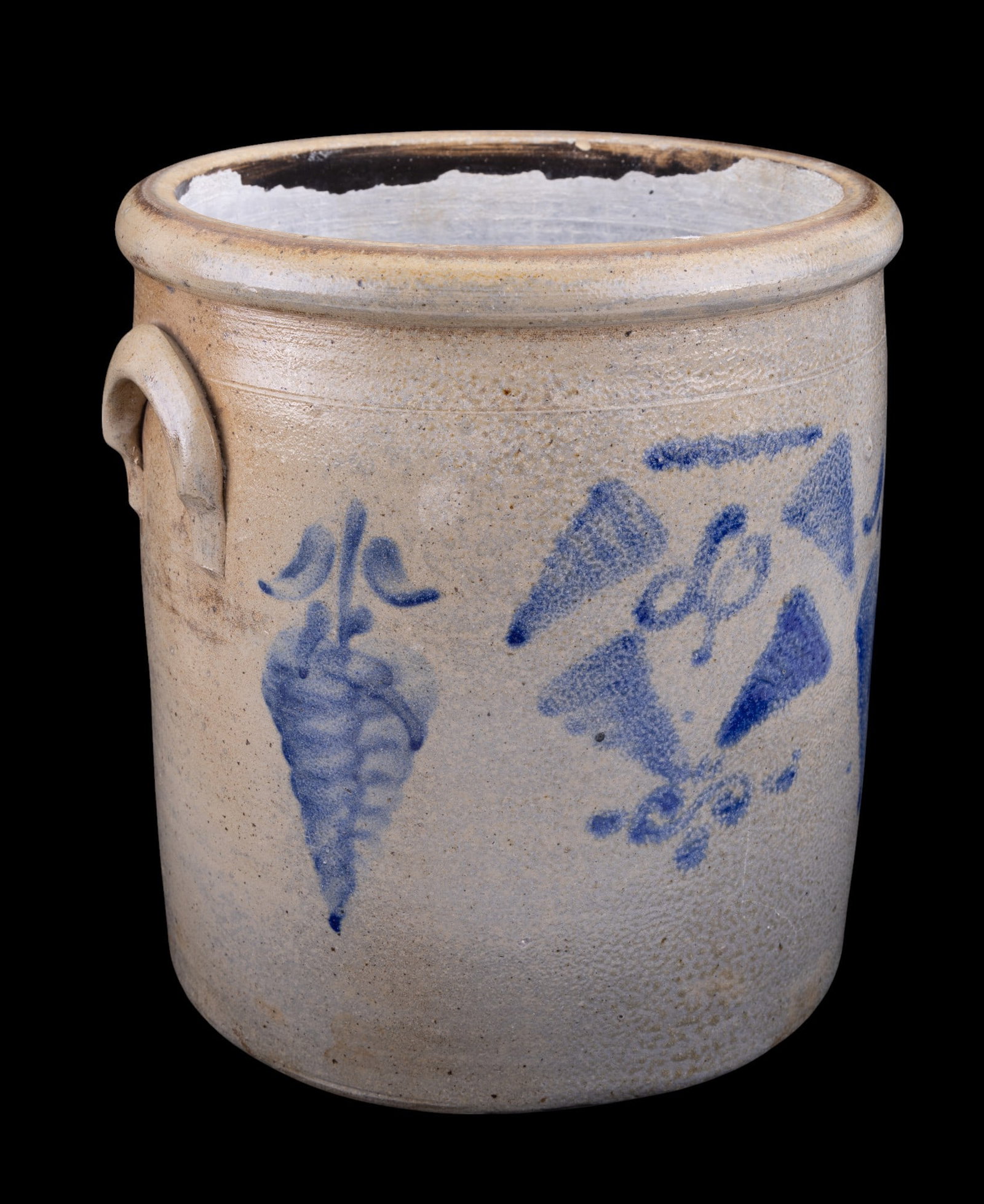 19th C Blue Decorated Stoneware Crock: 19th-century stoneware crock with blue cobalt floral and geometric designs. Features dual side handles and a light gray glazed finish typical of the period. Dimensions are 12x12", suitable for a stora
