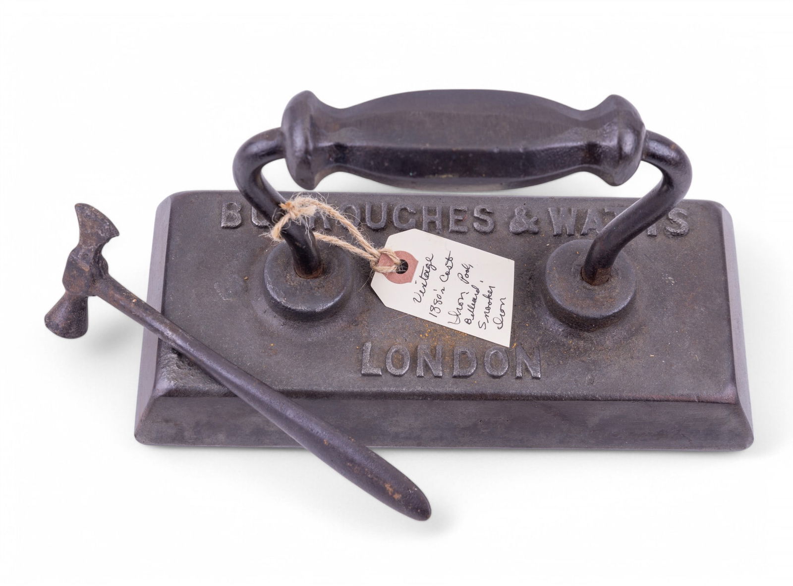 1880s Billiard Iron + Mackintosh's Toffee Hammer: A lot featuring an 1880s billiard snooker iron by Burroughes & Watts of London and an advertising hammer for Mackintosh's Toffee. The billiard iron is constructed of cast iron with embossed branding,