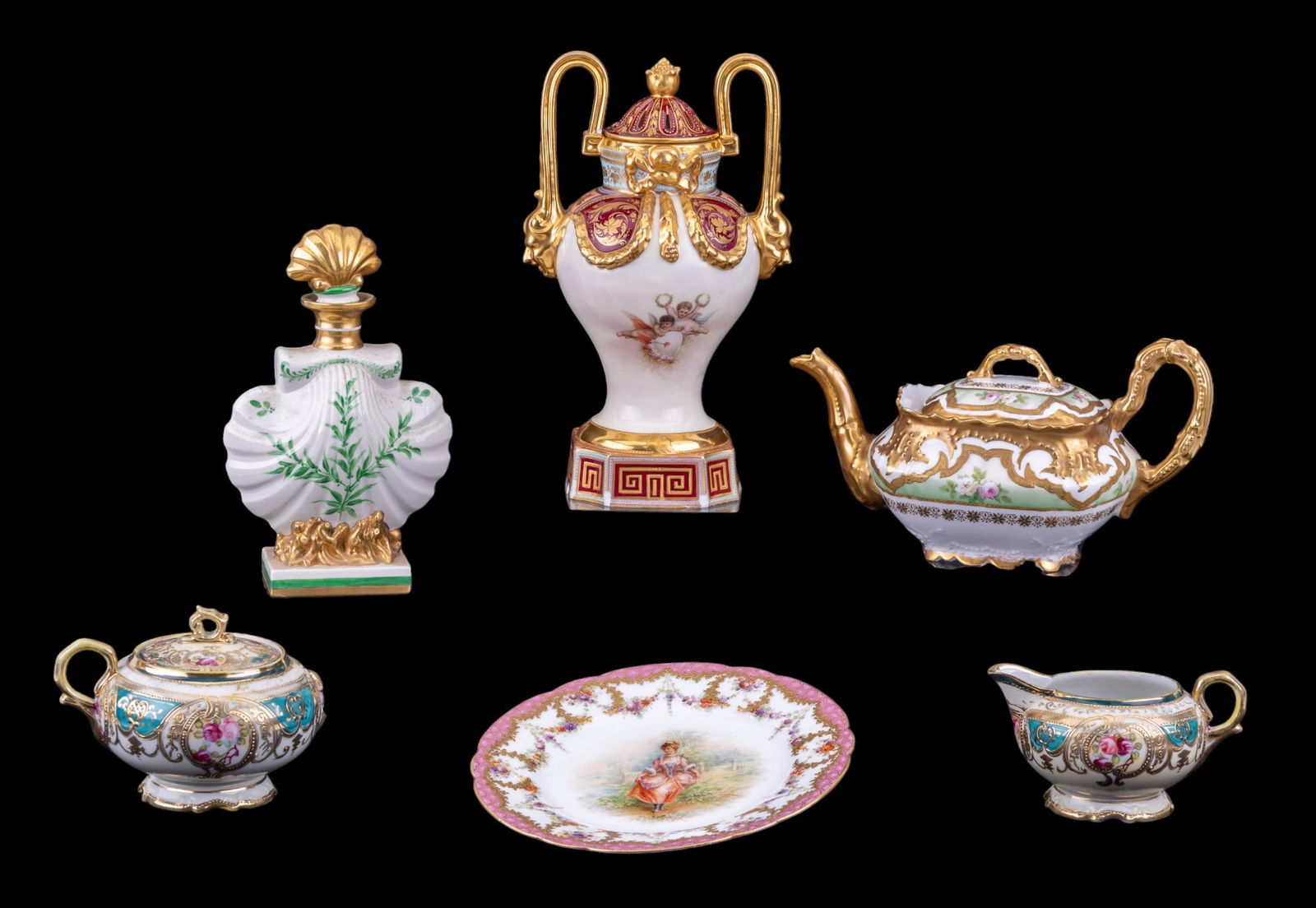 Saks Perfume Bottle, Famous Maker Porcelain Items: Lot includes a variety of porcelain decorative items, featuring a perfume bottle marked 'For Saks Fifth Venus Hand Painted', porcelain teapot marked 'Blakeman & Henderson Limoges France', hand painted