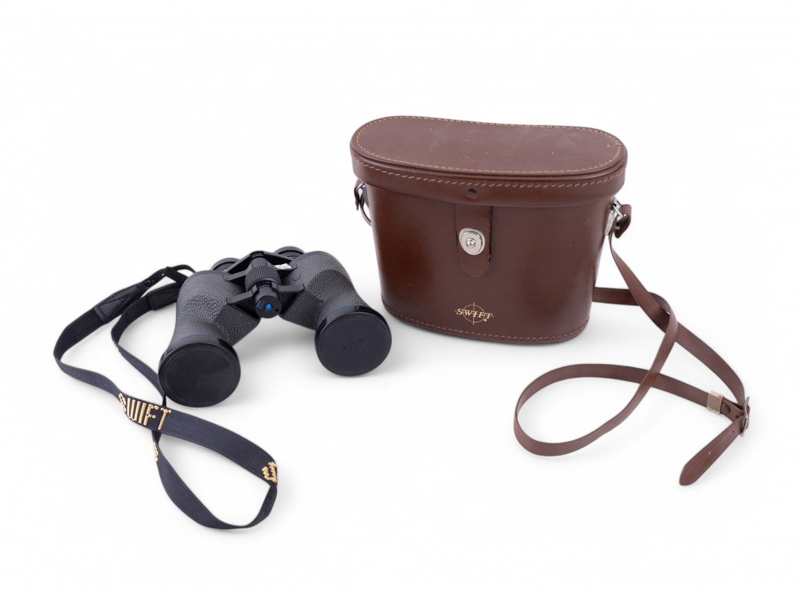 Swift Audubon 8.5 x 44 Binoculars with Case: Swift Audubon 8.5 x 44 binoculars featuring multi-coated optics for enhanced viewing clarity. Designed with a model number 804R and a field of view of 430 ft at 1000 yards. Comes with lens caps, a car