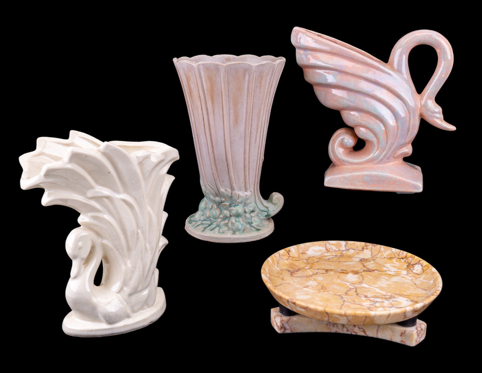Haeger, McCoy, Gonder Ceramics, and Stone Plate: Includes a Haeger off-white ceramic swan vase measuring 10 inches, a McCoy 'Horn of Plenty' piece measuring 10 inches, a Gonder pink swan ceramic piece measuring 9 inches, and a polished stone plate o