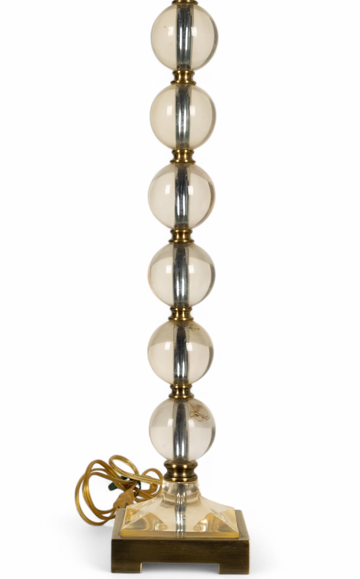 Lucite Ball Table Lamp: Table lamp featuring a column of stacked Lucite orb elements with a brass-finished base. Standing 30 inches tall, untested.