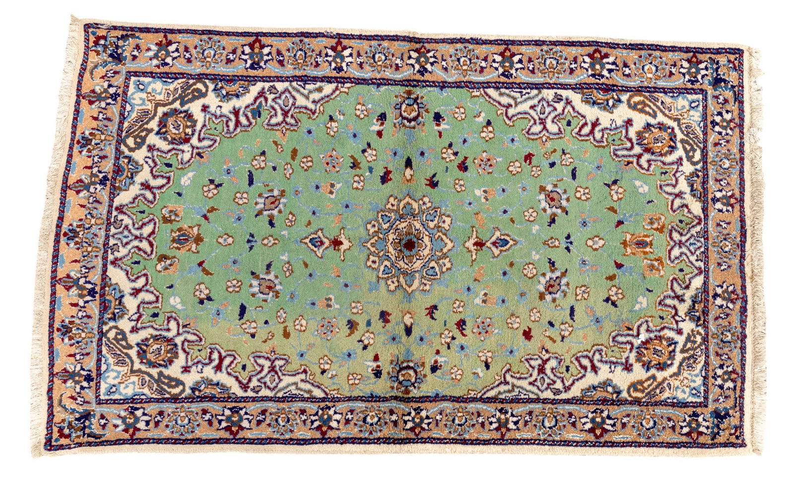 Persian Isfahan Rug: Persian Isfahan rug approx. 3'2" x 5'3" w/ sage green, livid blue-gray, blue, crimson,burnt orange tan, brown, & ivory patterns w/ floral motifs. *All rugs / carpets are used & come from fine estates.