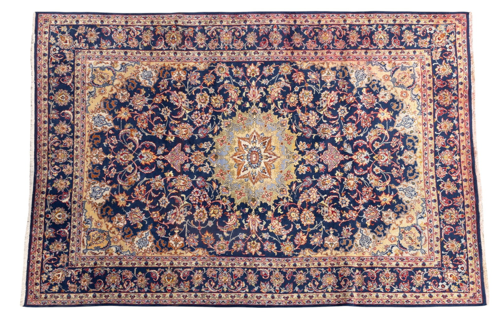 Persian Isfahan Rug: Persian Isfahan rug approx. 7'7" x 10'5" w/ red, navy blue, light blue-gray, light sage green, gold, dull yellow, brown, tan, burnt orange, & ivory patterns w/ floral motifs. *All rugs / carpets are u