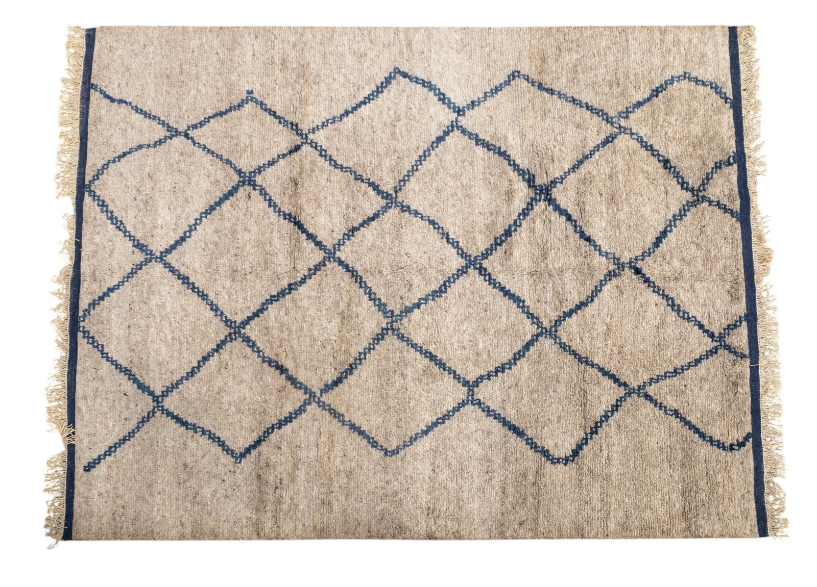 Moroccan Rug: Moroccan rug approx. 8'6" x 10'1" w/ light tan field & dark blue pattern. *All rugs / carpets are used & come from fine estates. Keystone Auctions does not clean the rugs, and they may require a more 