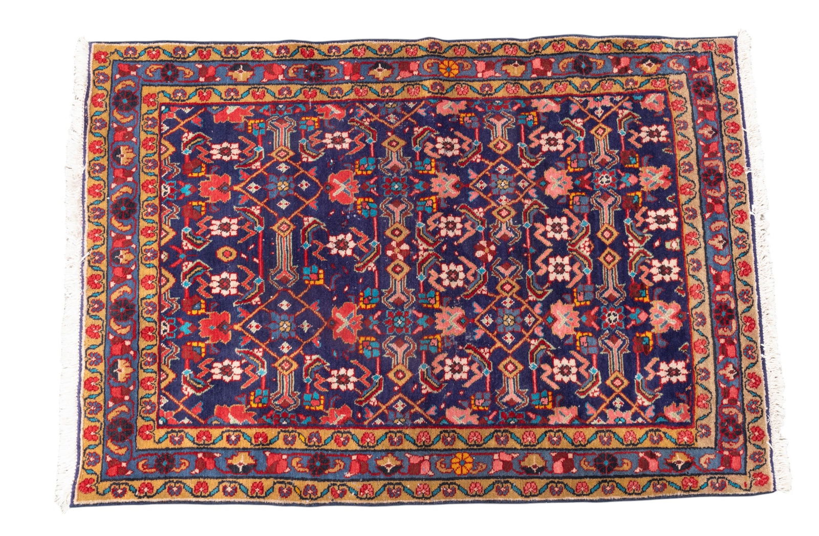 Persian Hamadan Rug: Persian Hamadan rug approx. 3'8" x 5'3" w/ red, burgundy, pink, dark blue, livid blue-gray, light sage green, gold, tan, brown, & ivory patterns w/ floral motifs. *All rugs / carpets are used & come f