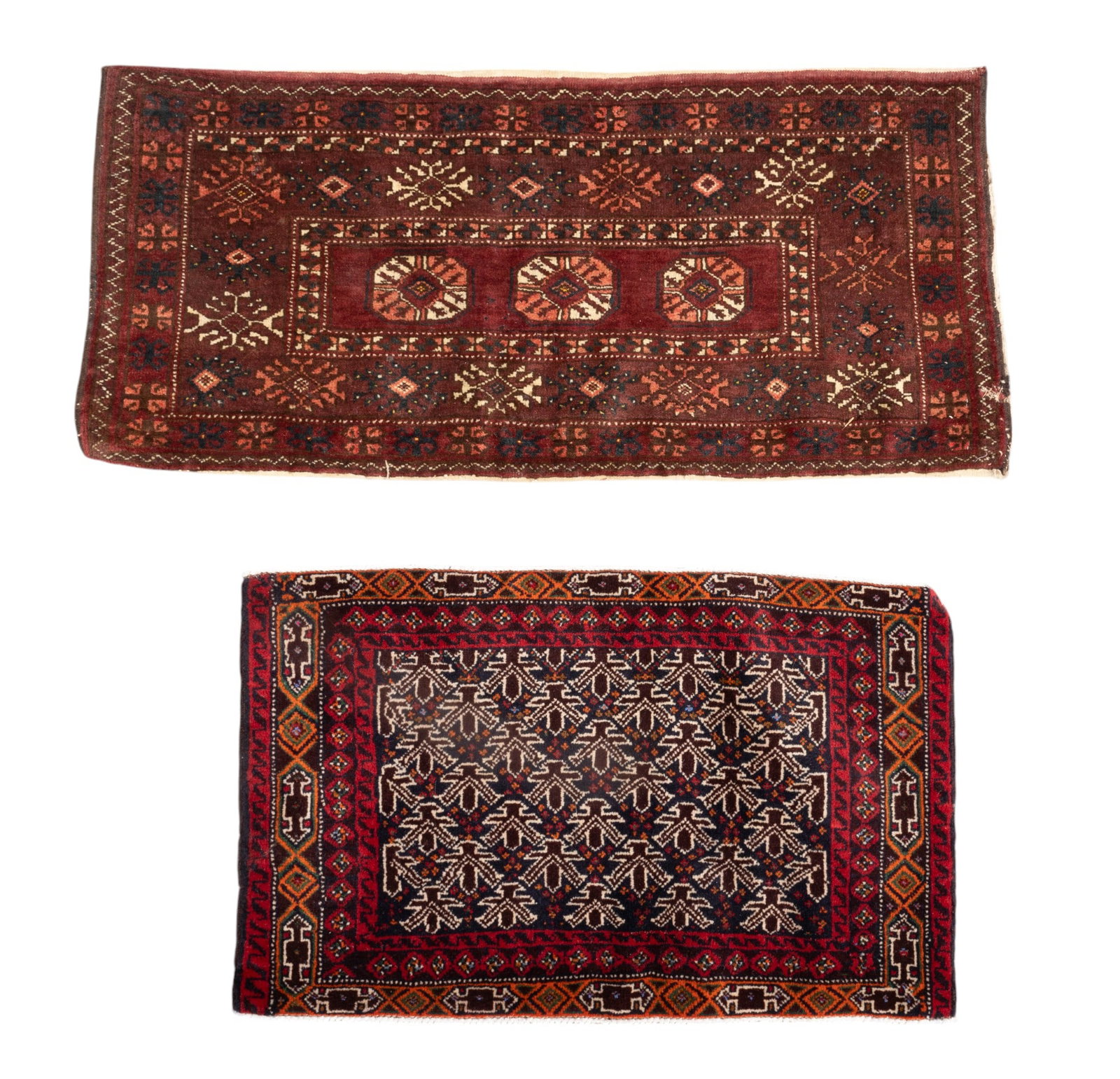 Turkoman & Afghan Mats (2 Total): A Turkoman / Turkmen mat & an Afghan mat that feature red, burgundy, orange, dark blue, blue-gray, green, brown, tan, & ivory patterns w/ geometric & floral motifs. *All rugs / carpets are used & come
