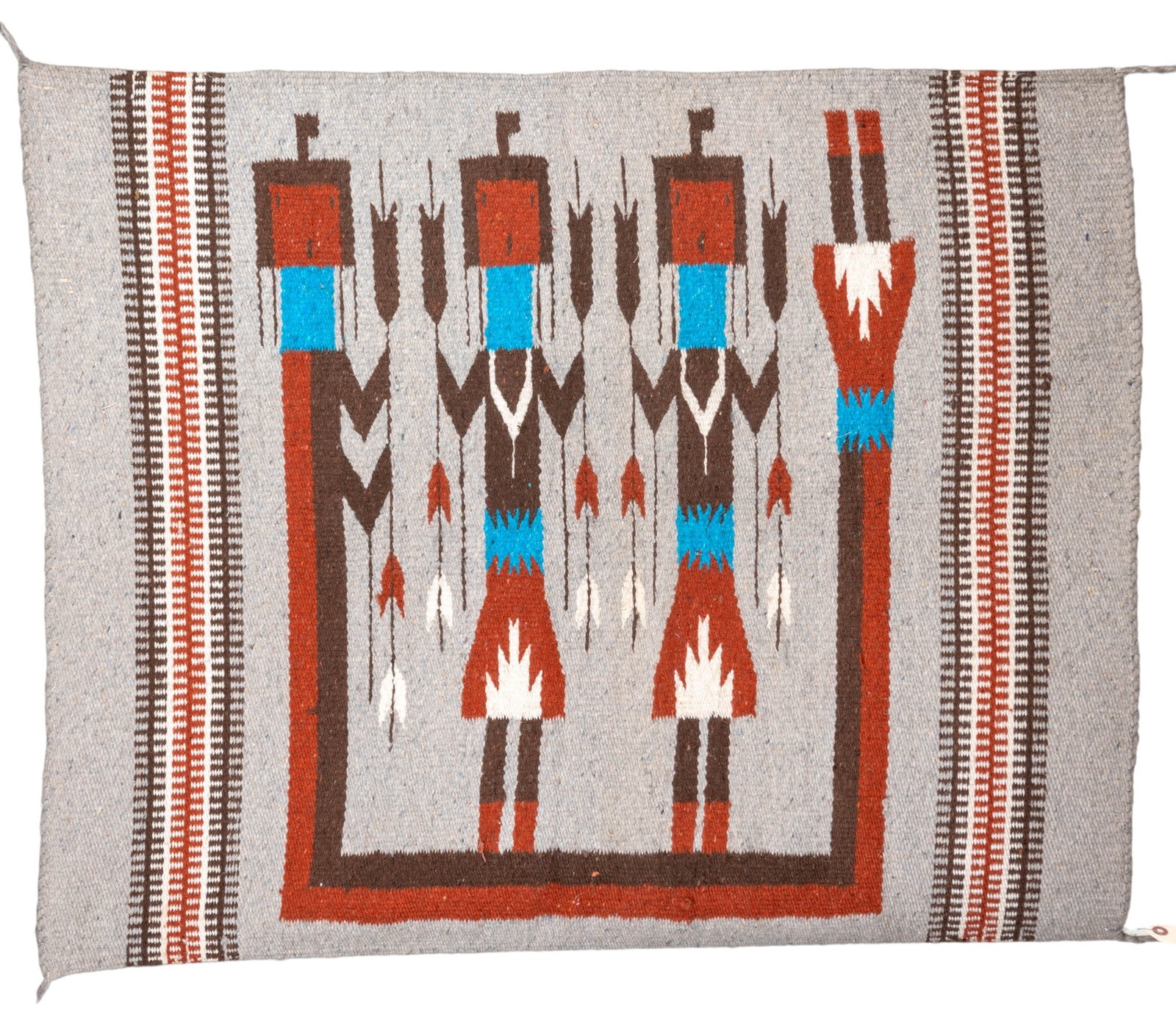 Navajo Saddle Blanket With Geometric Designs: Navajo saddle blanket measuring 31 x 37.5 inches. Features intricate geometric patterns with earthy tones including red, brown, and turquoise accents. Crafted with traditional weaving techniques. Slig