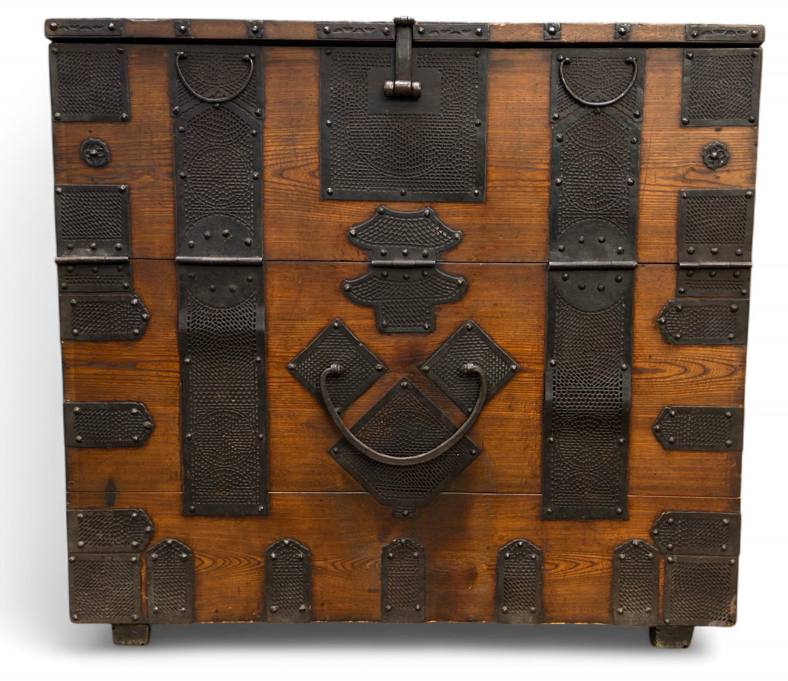 Korean Bandaji Chest w/ Dovetail Joints: Korean Bandaji front opening chest with large handles, lattice elaborate metal hinges, and dovetail joints. Measures approx. 32" H x 35" W x 17.5" D. No lock is present. A "bandaji chest" is a traditi