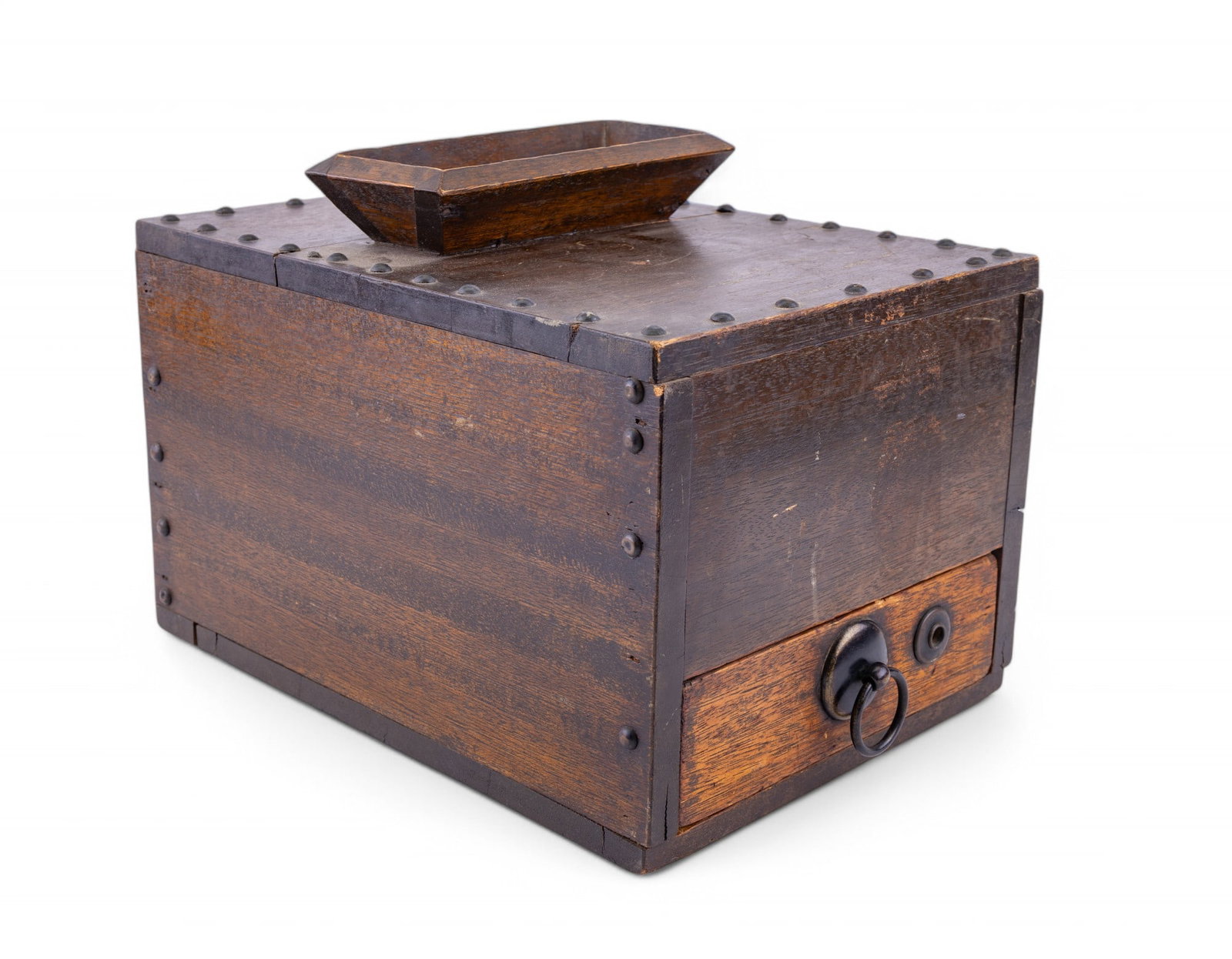 Antique Japanese Wood Money Box: Antique Japanese wood with drop slot at the top and drawer with compartments measuring approx. 10" H x 13.5" L x 9.5" W. Has some wear and loss consistent with age and use; no key present and lock is 