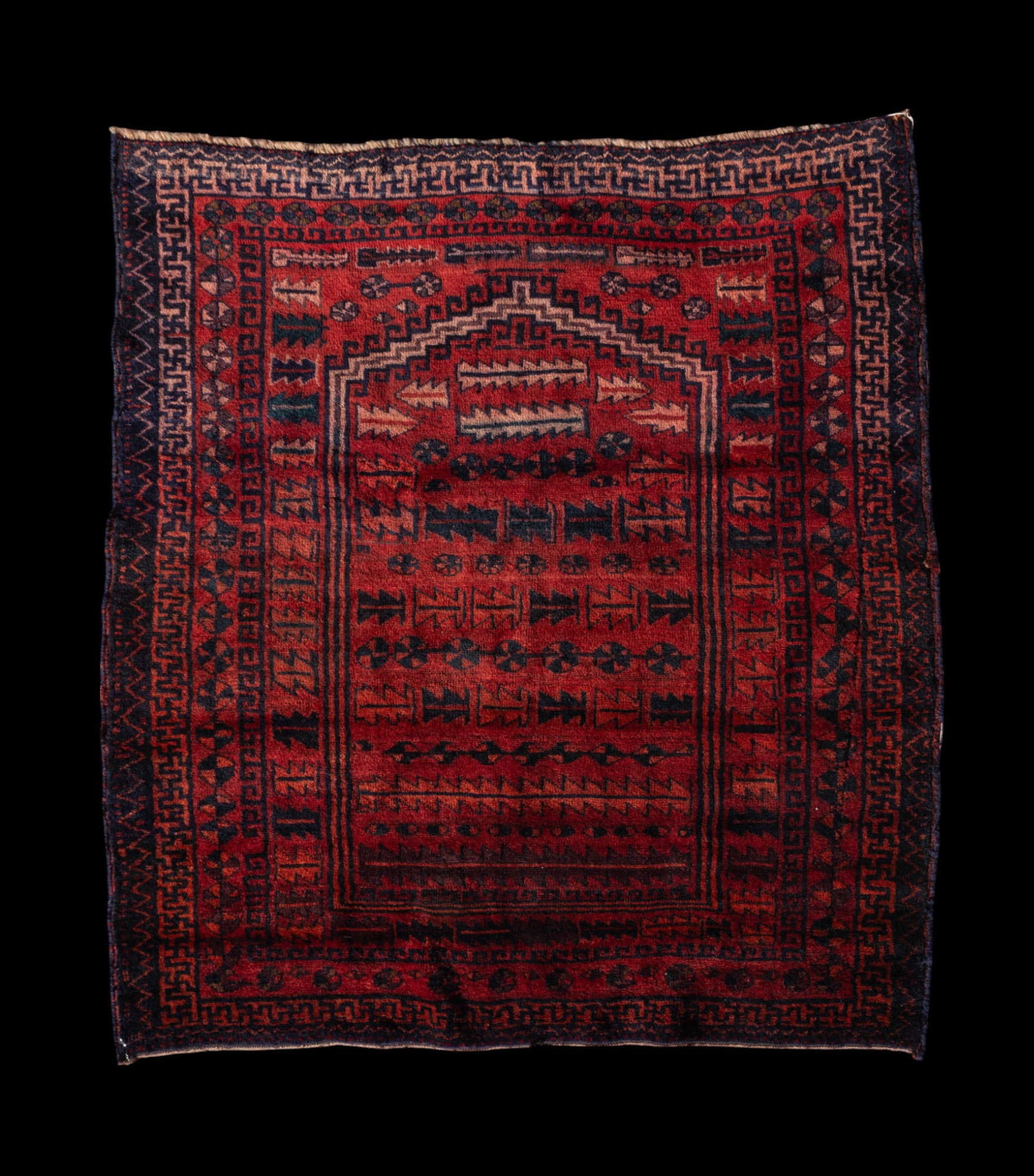 Turkmen Prayer Rug (Size ~5'7" x 5'4"): Turkmen rug approx. 5'7" x 5'4" w/ red, dull pink, burgundy, burnt orange, brown, tan, green, navy blue, & black patterns w/ geometric motifs. *All rugs / carpets are used & come from fine estates. Ke