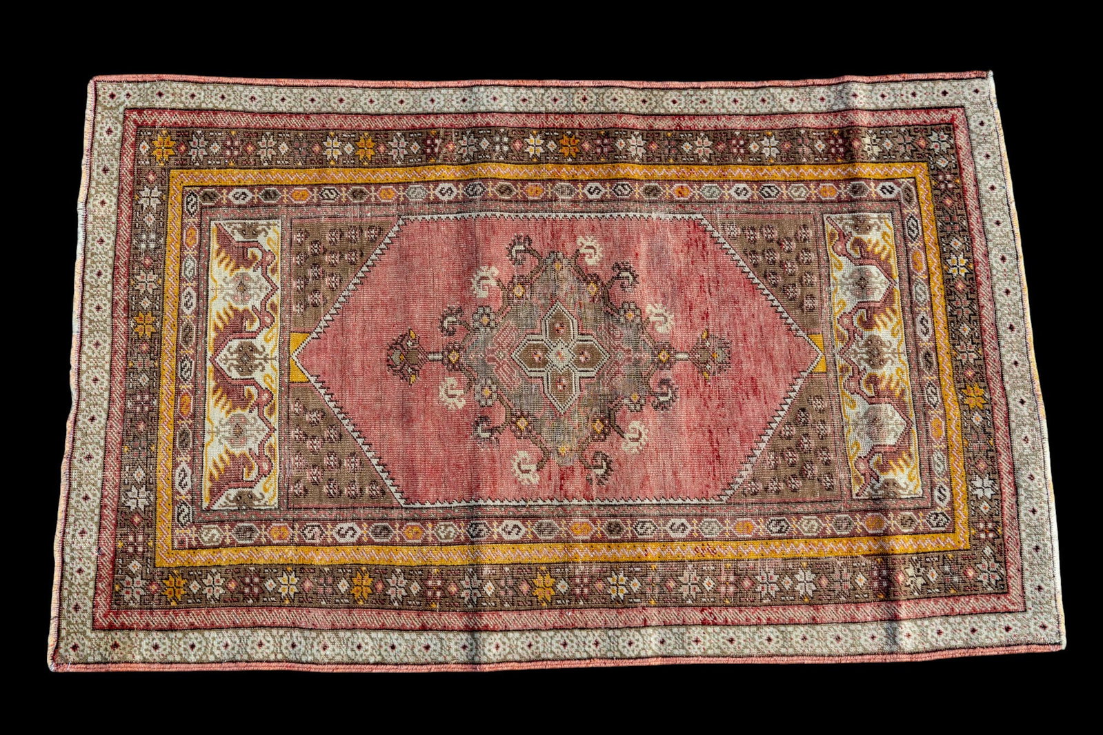 Turkish Oushak Rug: Turkish Oushak rug approx. 3'3" x 5'2" w/ red, gray, gold / tan, brown, & ivory patterns w/ geometric & floral motifs. *All rugs / carpets are used & come from fine estates. Keystone Auctions does not