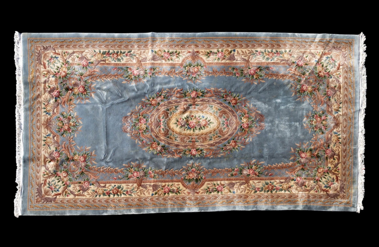 Chinese Art Deco Rug ~10'x18': Chinese Art Deco rug approx. 10' x 18 w/ light bluish gray field & green, sage green, pink, magenta, clay red, light brown, tan, royal blue, & cream / ivory floral patterns. *All rugs / carpets are us