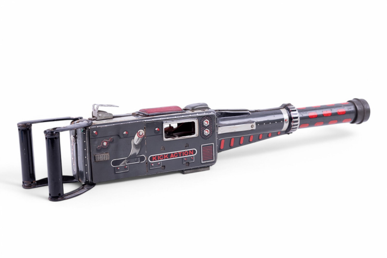 Atom Toys Tinplate Kick Action Smoke Gun: Battery operated Atom toys Japan tin Kick Action Smoke Gun c 1960s. Red clear plastic windows on the sides, red trigger button, and tripod are missing, note some rust from age, untested.