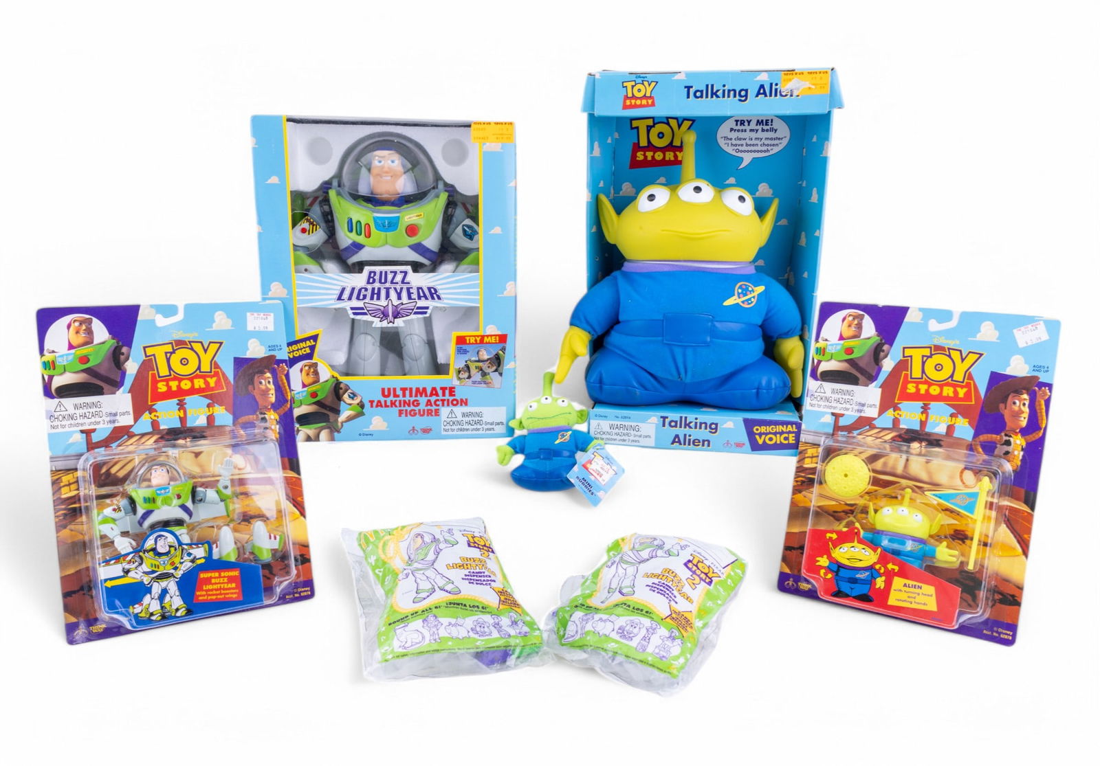 Toy Story Buzz Lightyear & Alien Toys in OG Boxes: Collection of Disney Toy Story toys, including Buzz Lightyear Ultimate Talking Action Figure in original box made by Think Way Toys, Super Sonic Buzz Lightyear action figure in opened original packagi